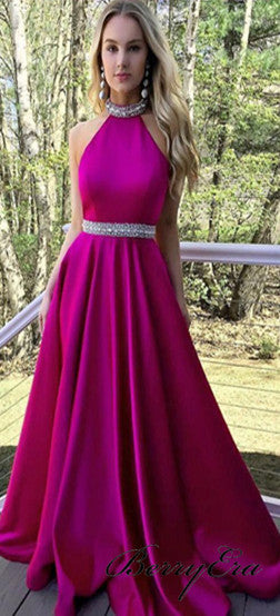 Halter Long A-line Hot Pink Satin Beaded Prom Dresses, Popular Prom Dresses