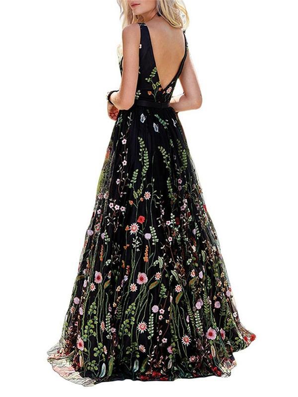 Special Floral Long A-line Tulle Prom Dresses