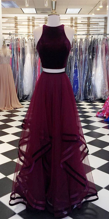 2 Pieces Velvet Top A-line Tulle Skirt Long Prom Dresses