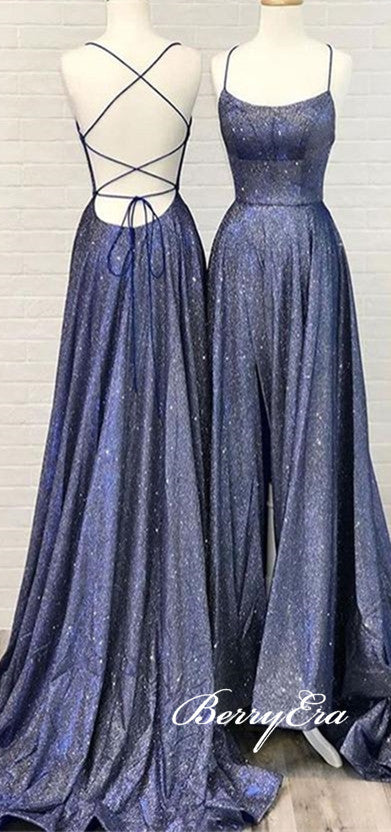 Shiny Long A-line Glitter Prom Dresses, Side Slit Prom Dresses, Simple Lace Up Prom Dresses