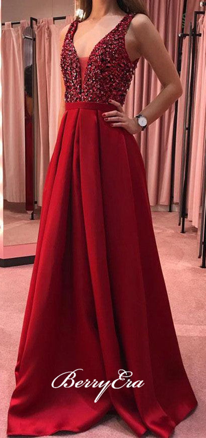 V-neck Red Satin Beaded Prom Dresses, Affordable Long Prom Dresses