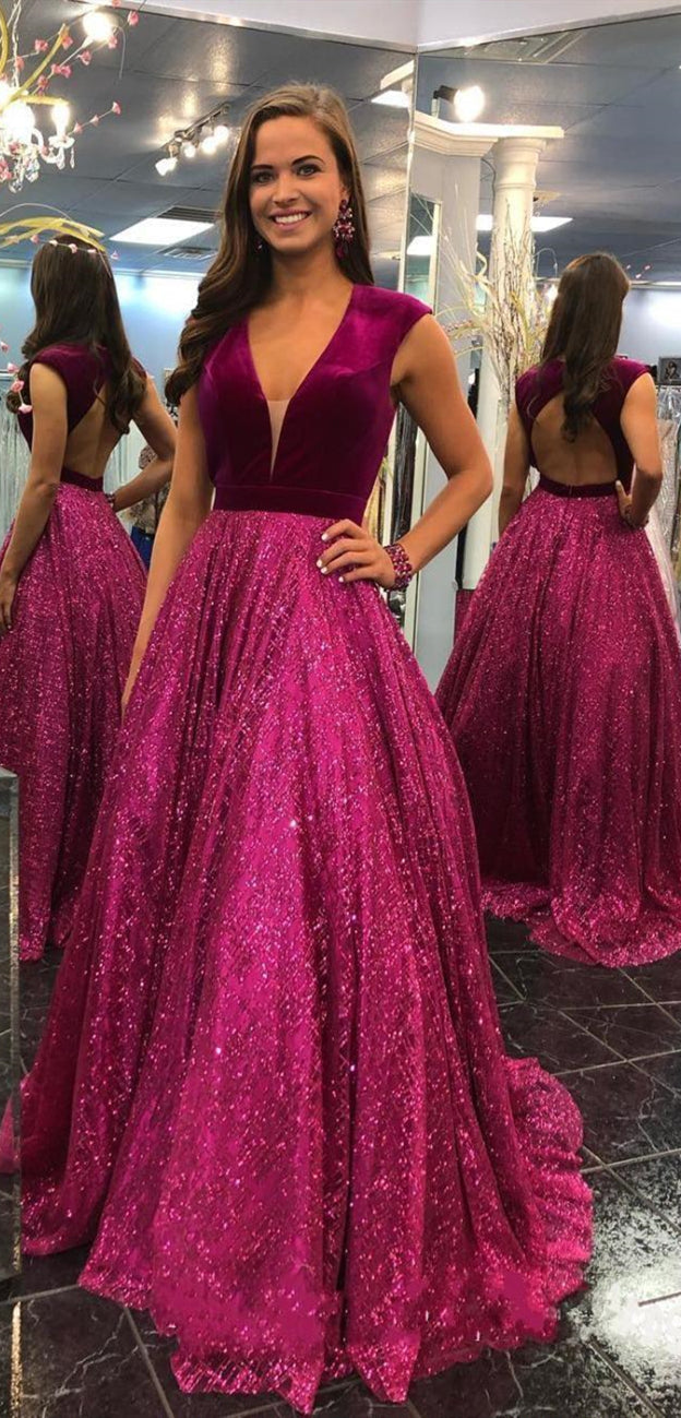 V-neck Open Back Long Prom Dresses, Sequin Tulle Prom Dresses, Velvet Top Prom Dresses