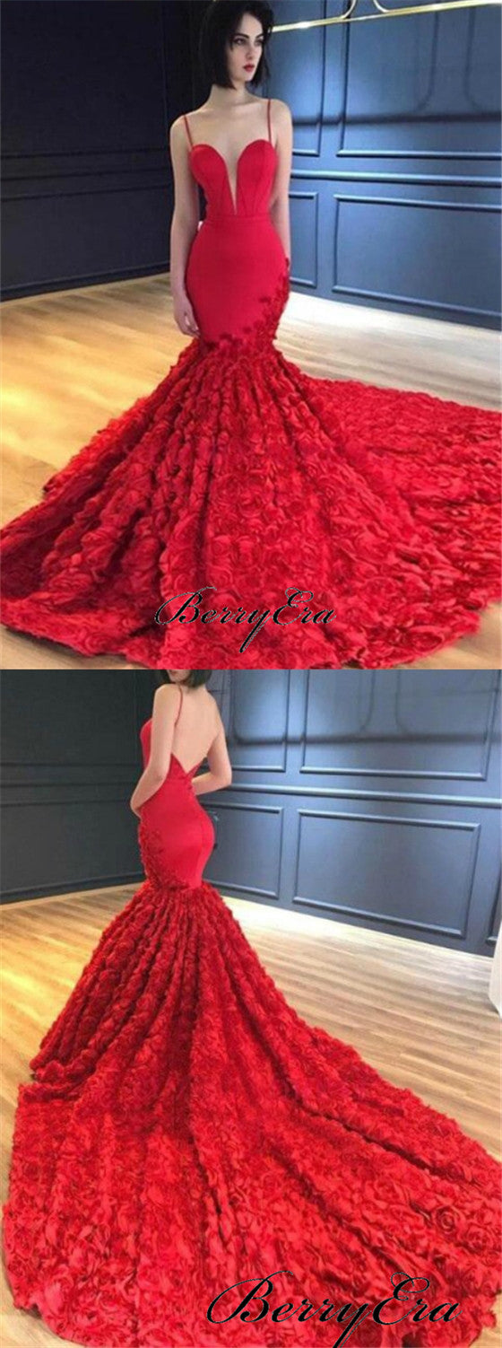 Spaghetti Red Mermaid 3D Floral Prom Dresses, Long Prom Dresses, Gorgeous Prom Dresses