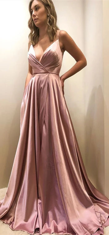 Spaghetti Long A-line Elastic Satin Prom Dresses, Side Slit Prom Dresses, Long Prom Dresses