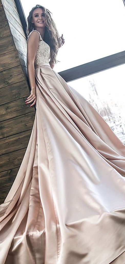 Lace Top Long Off Shoulder A-line Satin Wedding Dresses