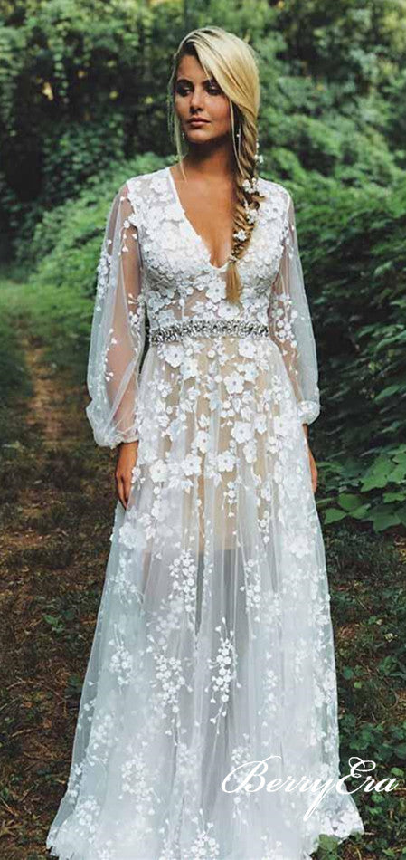 V-neck Long Sleeves A-line Lace Beaded Wedding Dresses(Liner color can be changed)