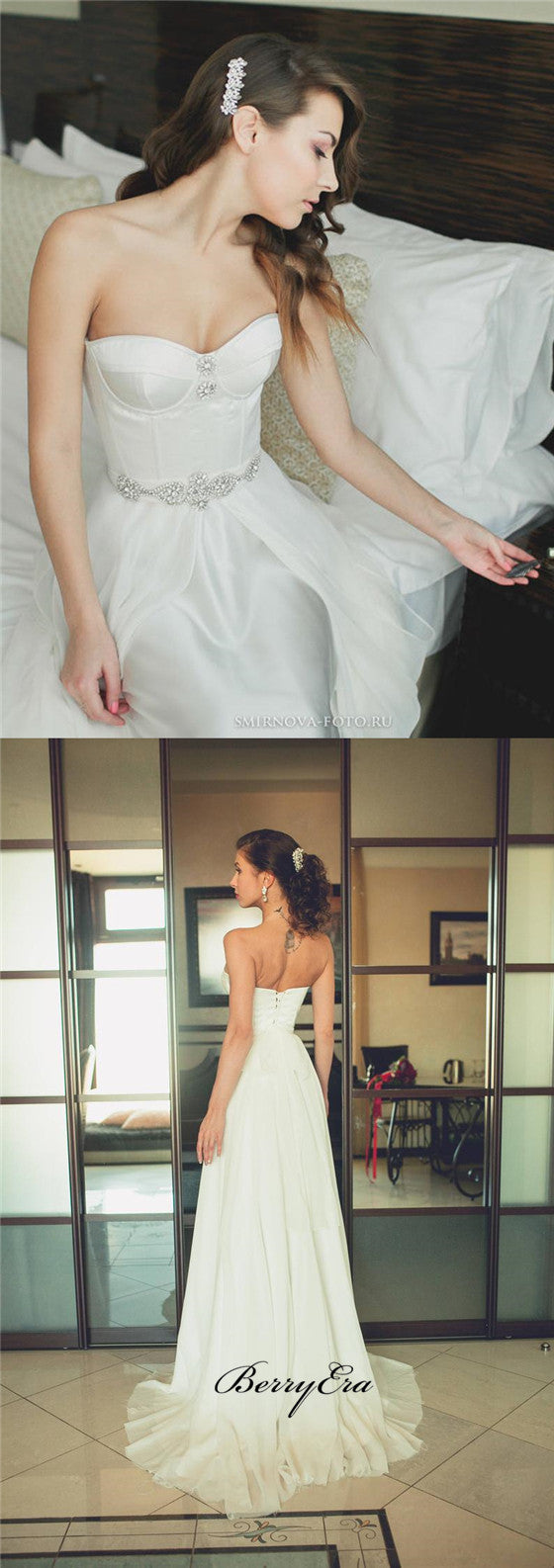 Sweetheart Long A-line Ivory Chiffon Beaded Wedding Dresses