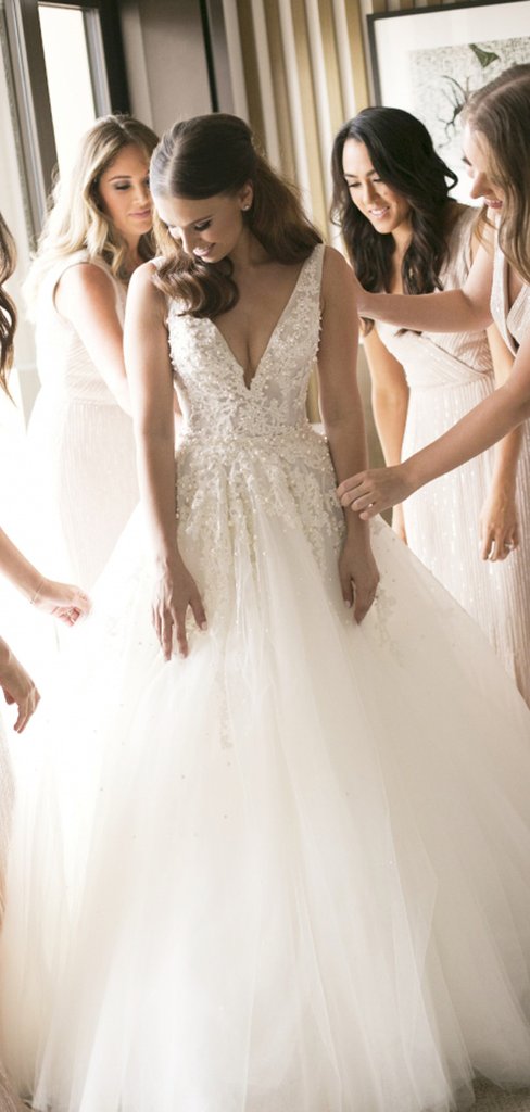 V-neck Lace Beaded Wedding Dresses, A-line Tulle Wedding Dresses, Wedding Dresses