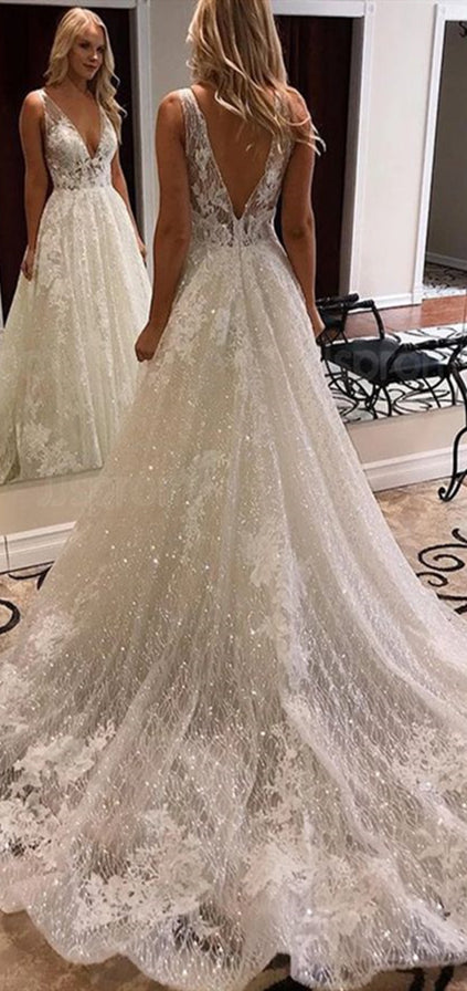 Deep V-neck Sequin Tulle Lace Wedding Dresses, Sparkle Wedding Dresses, Long Bridal Gown