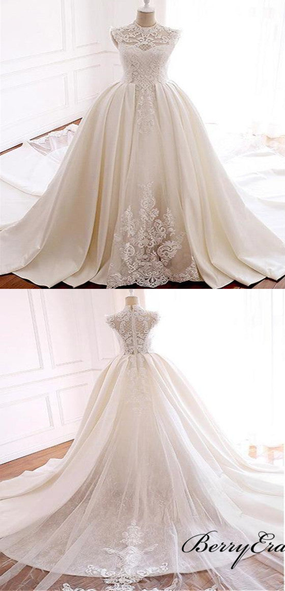 Elegant Sleeveless Satin Tulle Wedding Dresses, Lace Wedding Dresses, Bridal Gown