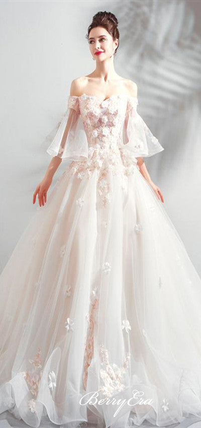 Off Shoulder A-line Romantic Lace Appliques Wedding Dresses