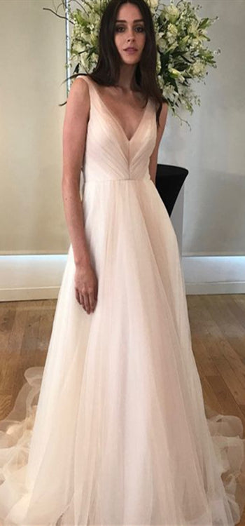 Lovely V-neck Blush Tulle Wedding Dresses, Long Wedding Dresses, New Wedding Dresses