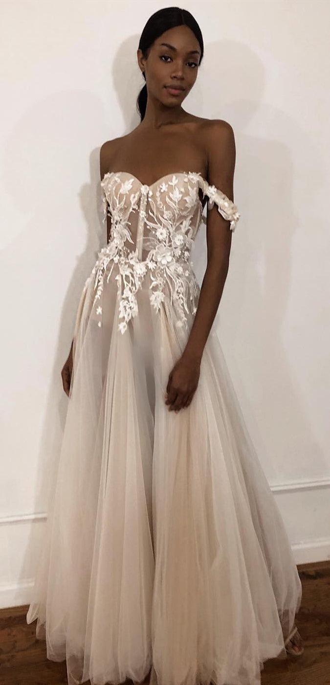 Off Shoulder Long A-line Tulle Lace Wedding Dresses, Sheer Long Wedding Dresses, Wedding Gown