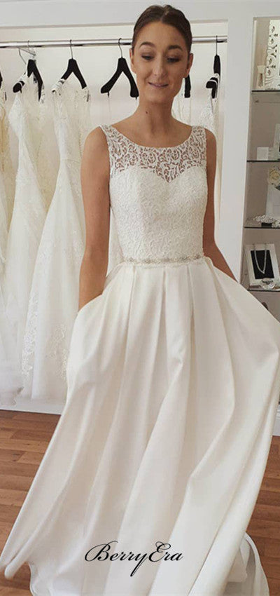 Round Neckline A-line Lace Satin Long Wedding Dresses
