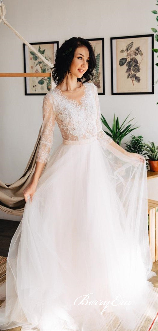V-neck Lace Top A-line Tulle Wedding Dresses, Country Wedding Dresses, Long Bridal Gown