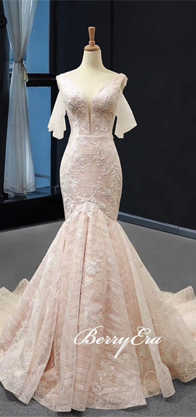 V-neck Blush Elegant Lace Tulle Wedding Dresses, Long Train Long Wedding Dresses, Bridal Gown