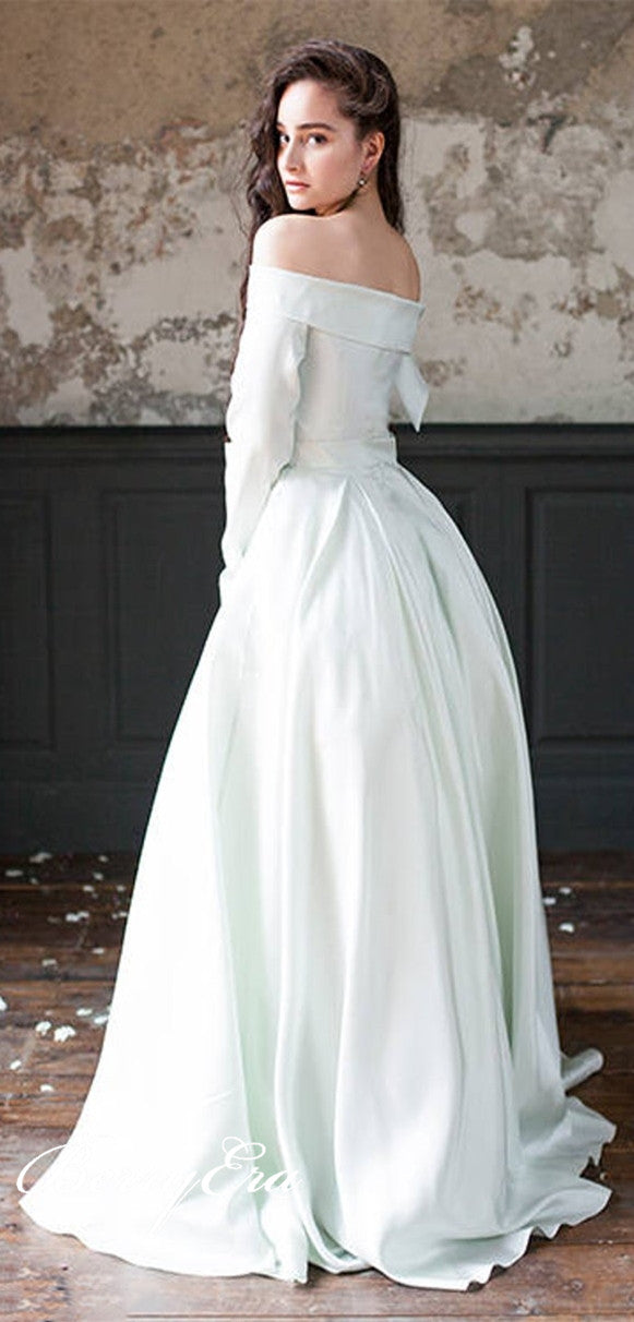 Off Shoulder Long A-line Satin Wedding Dresses, Country Wedding Dresses, Long Sleeves Wedding Dresses