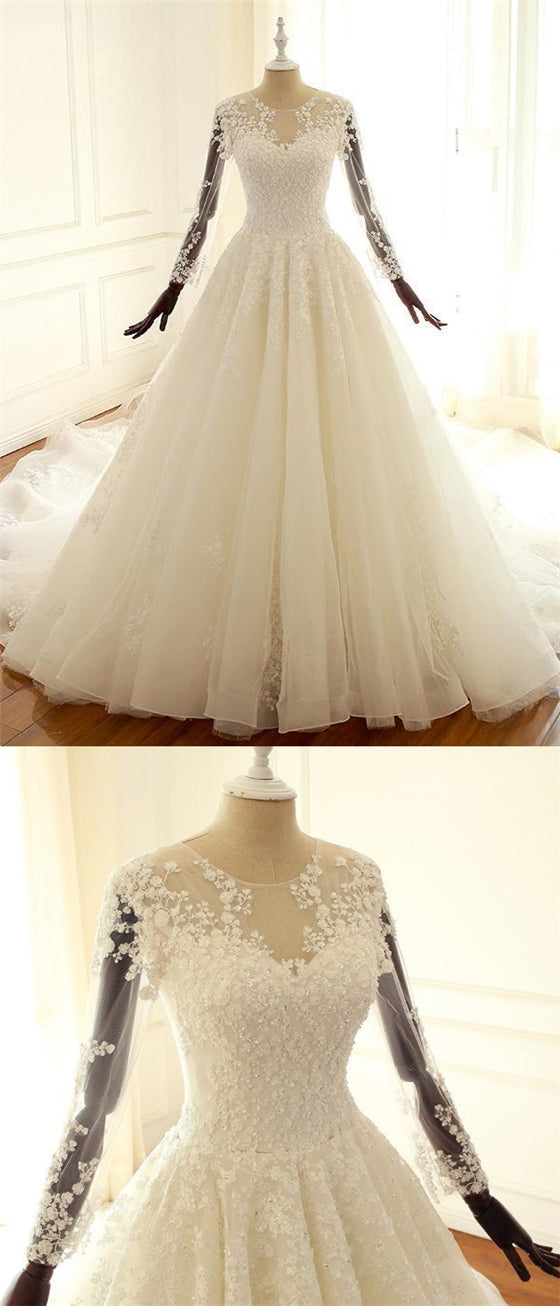 Luxury Long Sleeves Lace Appliques Tulle Wedding Dresses