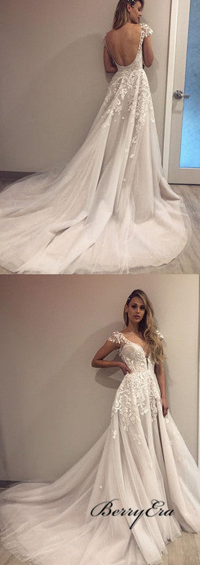 Backless A-line Lace Tulle Long Wedding Dresses