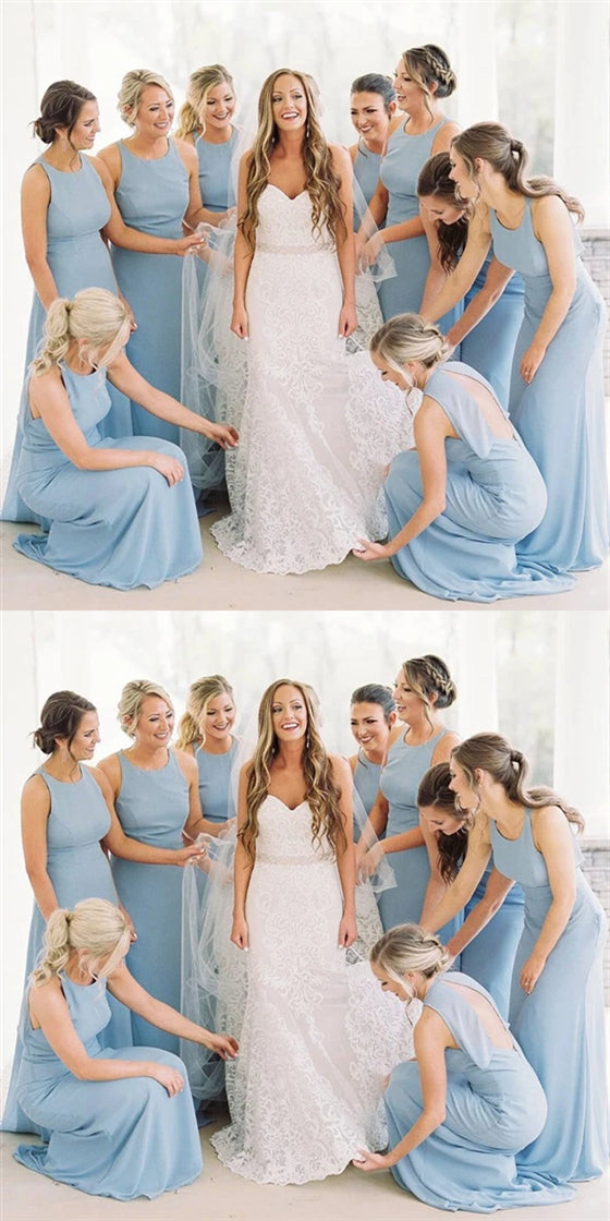 Blue Round Neck Long Mermaid Bridesmaid Dresses, Chiffon Bridesmaid Dresses, Long Bridesmaid Dresses