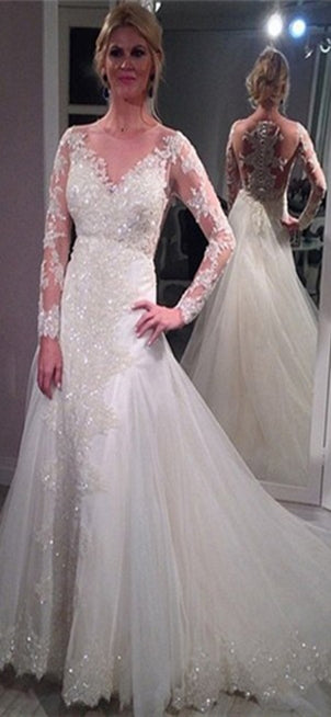 Long Sleeves Lace Beaded Wedding Dresses, Gorgeous Wedding Dresses, Long Wedding Dresses