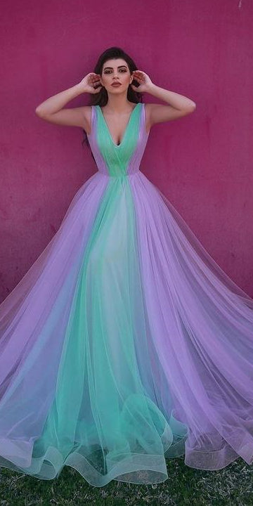 V-neck Tulle Colorful Prom Dresses, A-line 2021 Prom Dresses, Newest Long Prom Dresses