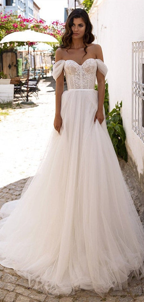 Off Shoulder Sweetheart Long A-line Wedding Dresses, Lace Top Wedding Dresses, Romantic Wedding Gown