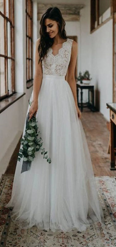 V-neck Long A-line Lace Tulle Wedding Dresses, Long Wedding Dresses, Bridal Gown