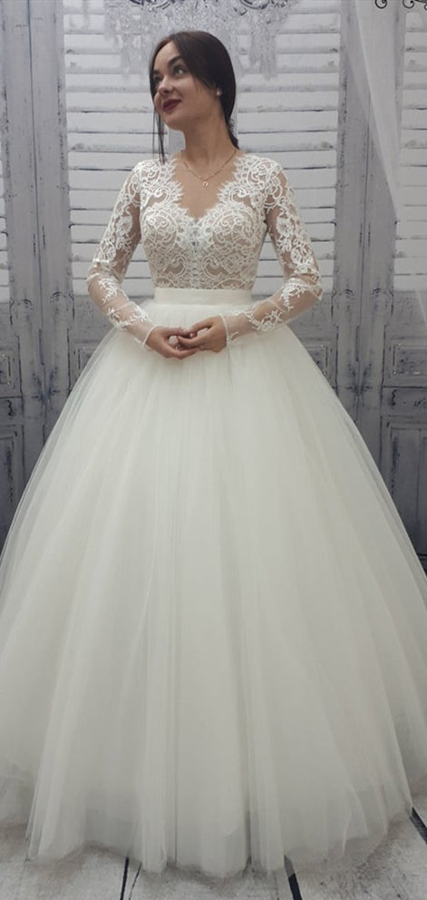 V-neck Long Sleeves A-line Lace Top Tulle Wedding Dresses, Long Wedding Dresses, Popular Wedding Dresses