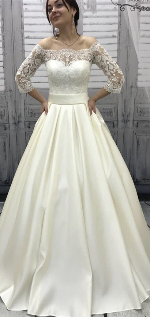 Off Shoulder 3/4 Sleeves Ivory Lace Satin Wedding Dresses, Long Wedding Dresses, Newest Wedding Dresses
