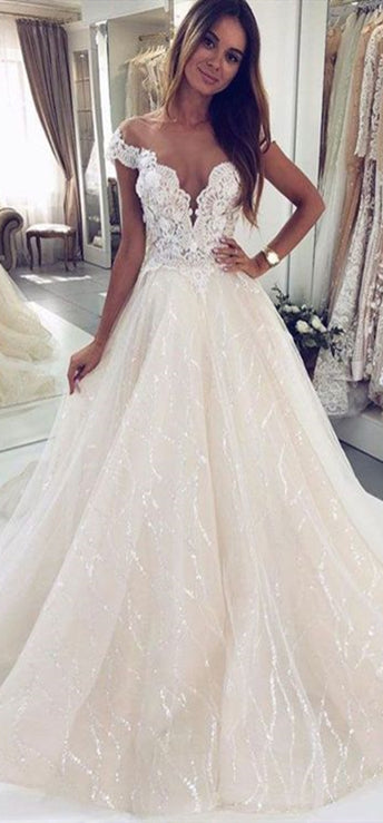 Off Shoulder Long A-line Lace Wedding Dresses, Seuqin Tulle Wedding Dresses, Sparkle Wedding Dresses