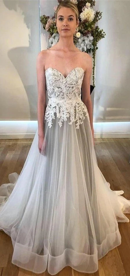 Sweetheart Long A-line Grey Lace Tulle Wedding Dresses, Simple Wedding Dresses, Long Wedding Dresses