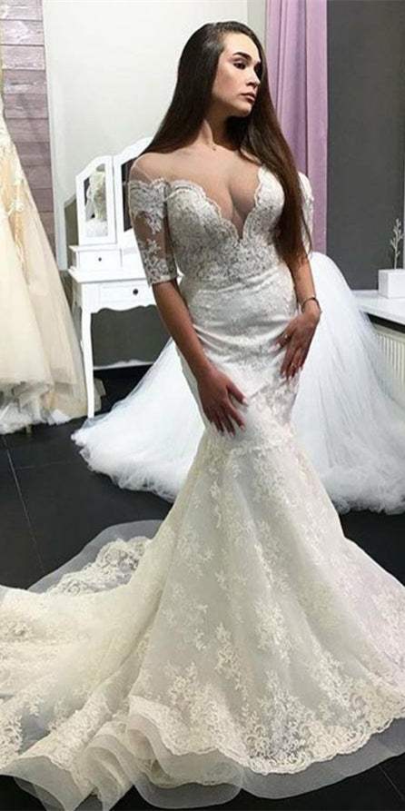 Half Sleeves Lace Tulle Wedding Dresses, Sexy Mermaid Wedding Dresses, 2020 Wedding Dresses