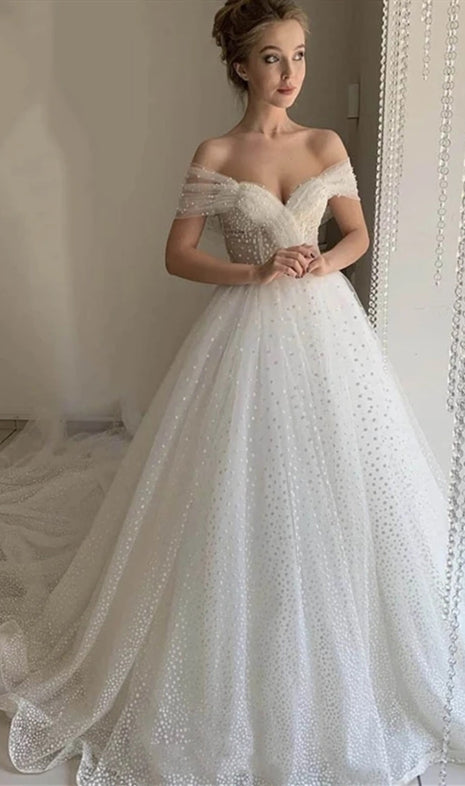 Off Shoulder Long A-line Sequin Tulle Wedding Dresses, Lovely Wedding Dresses, Bridal Gown