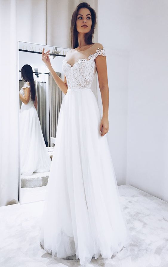 Cap Sleeves Illusion Lace Tulle Wedding Dresses, Simple Elegant Long Wedding Dresses, A-line Wedding Dresses