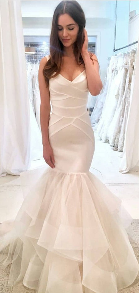 Ivory Organza Long Mermaid Wedding Dresses, Simple Elegant Wedding Dresses, Bridal Gown