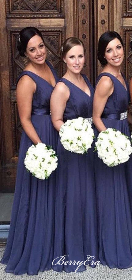 V-neck A-line Navy Long Bridesmaid Dresses