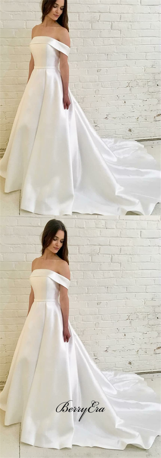 Off Shoulder A-line Ivory Satin Wedding Dresses, Bridal Gown