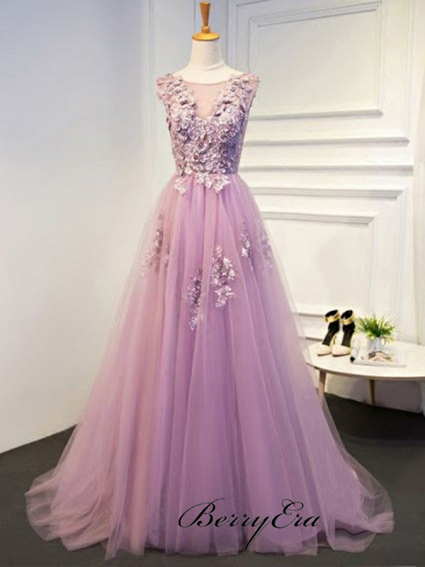 Light Purple Lace Tulle Prom Dresses, Elegant Long Prom Dresses