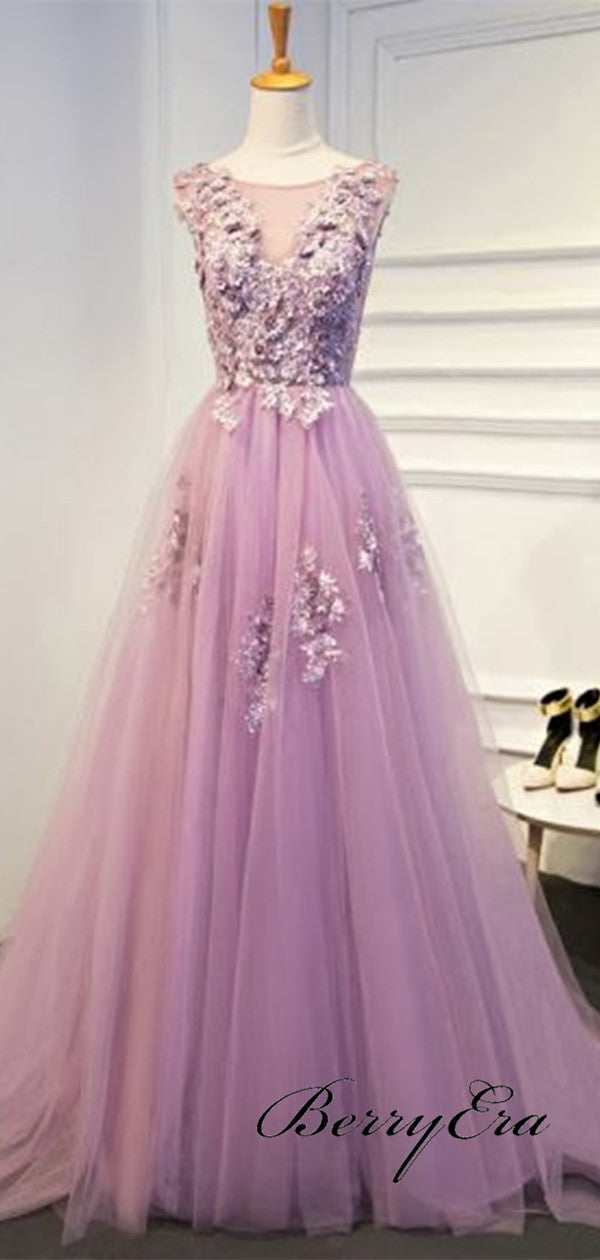 Light Purple Lace Tulle Prom Dresses, Elegant Long Prom Dresses