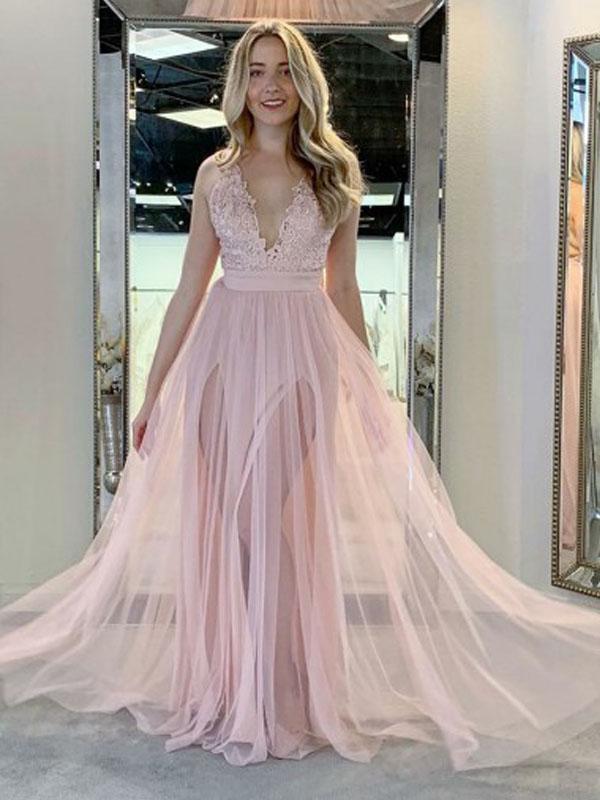 V-neck Blush Pink Lace Tulle Prom Dresses