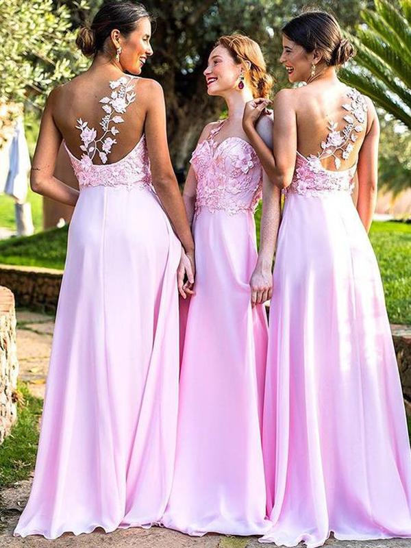 Pink Chiffon Lace Bridesmaid Dresses, A-line Bridesmaid Dresses, Wedding Guest Dresses