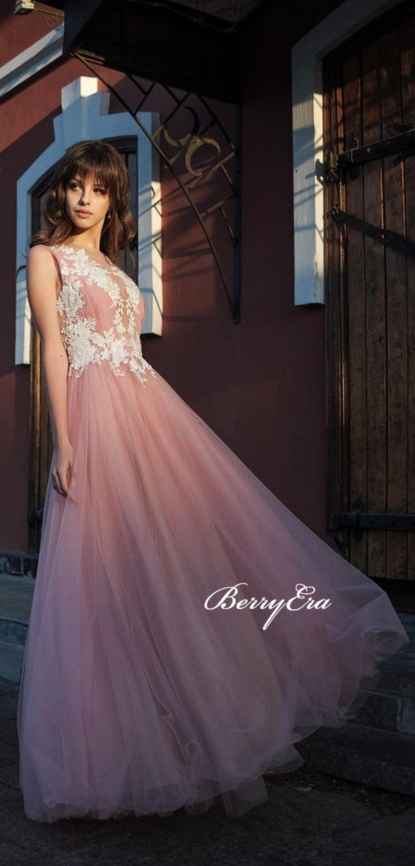 Pink Tulle A-line Lace Appliques Prom Dresses, Long Prom Dresses, Elegant Long Prom Dresses