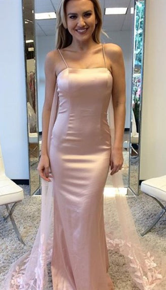 Spaghetti Pink Satin Long Mermaid Prom Desses, Lace Prom Dresses, 2020 Prom Dresses