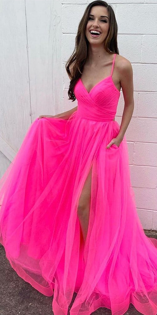 Spaghetti Long A-line Pink Tulle Prom Dresses, Side Slit Prom Dresses, Hot Pink 2020 Prom Dresses