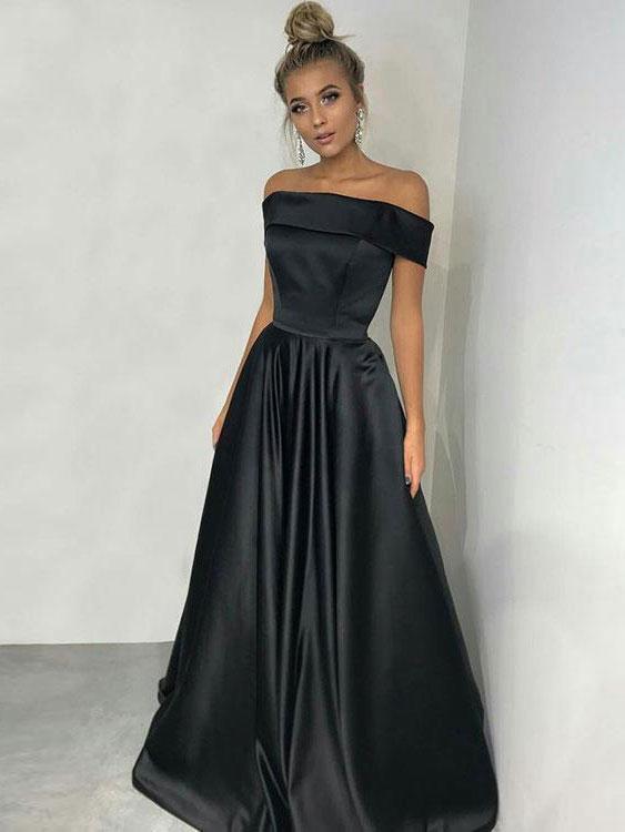 Off Shoulder Black Satin Long A-line Simple Prom  Dresses