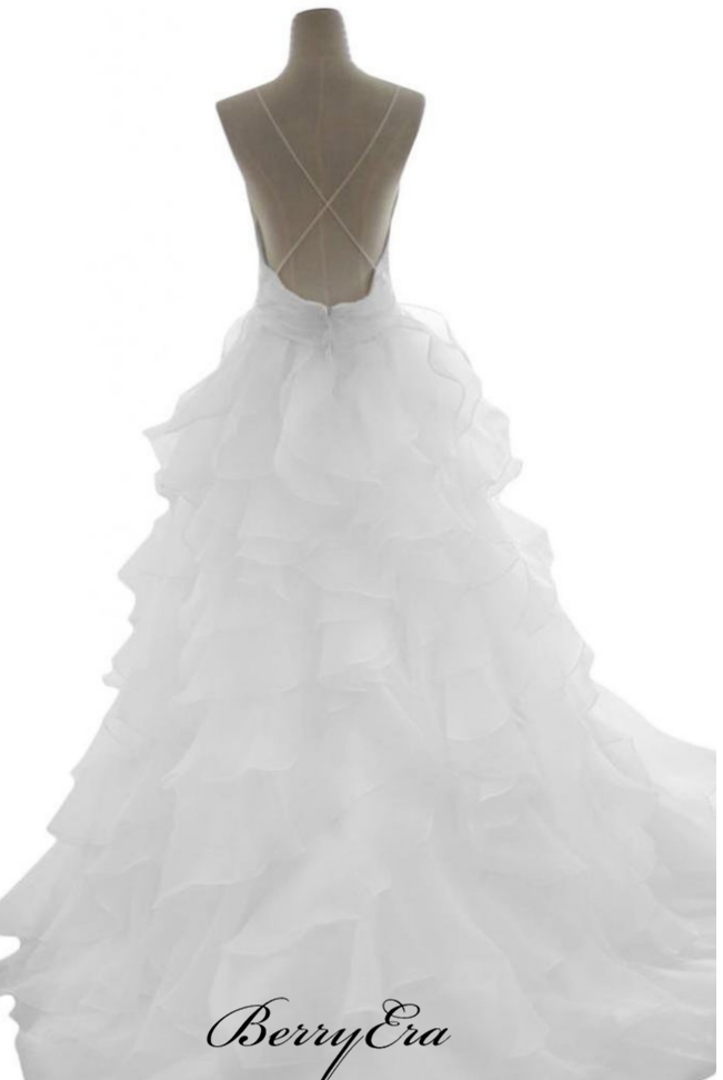 Spaghetti Straps Fluffy Wedding Dresses, Organza A-line Trendy Wedding Dresses