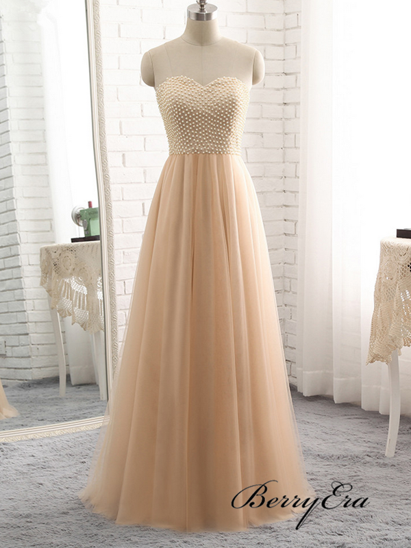 Sweetheart Strapless A-line Tulle Prom Dresses, Beaded Luxury Long Prom Dresses