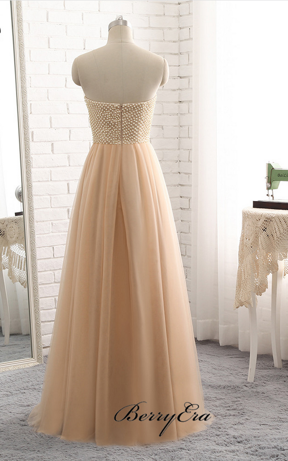 Sweetheart Strapless A-line Tulle Prom Dresses, Beaded Luxury Long Prom Dresses