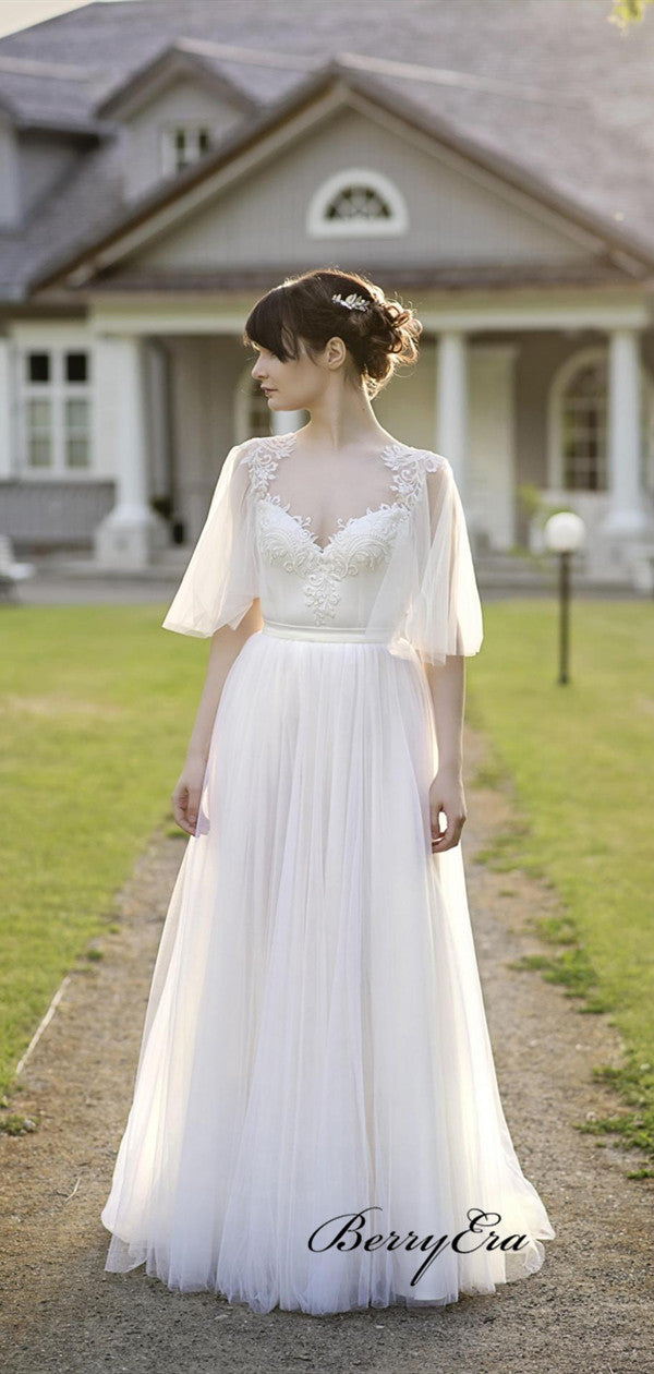 Mid Sleeves Open Back Tulle A-line Wedding Dresses, Lace Beach Wedding Dresses